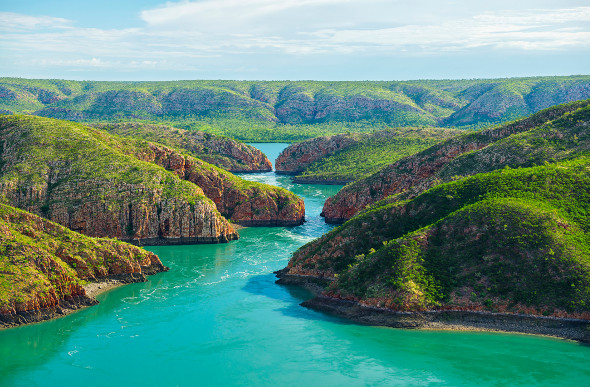 Water rushes through the folded landscape at the Horizontal Falls in Western Australia.