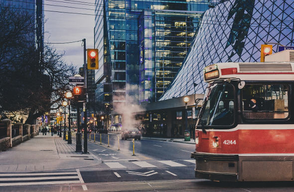 A streetcar in downtown Toronto, Canada.
