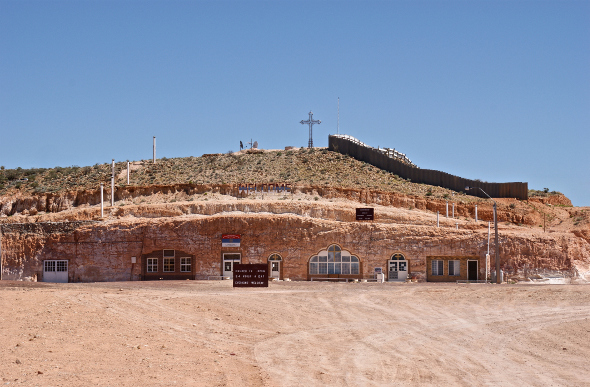 The Serbian Orthodox Church is cut into a hillside at Coober Pedy, South Australia.