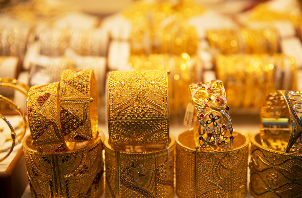 Dazzling gold bracelets for sale in Dubai's Gold Souk.
