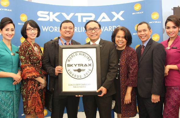 Garuda Indonesia officials with their World's Best Cabin Staff award from SKYTRAX. Picture: Garuda Indonesia