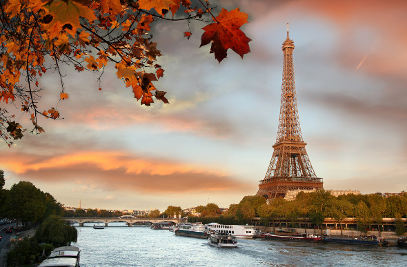 The Eiffel Tower and the Seine in Paris, France.