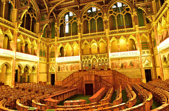 Golden walls and ornaments cover the interior of Hungarian Parliament Building