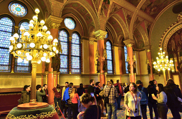 Visitors exploring the Hungarian Parliament Building