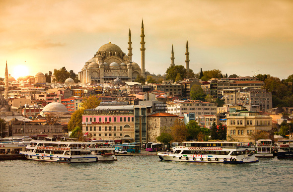 Sunset over the water and city skyline of Istanbul