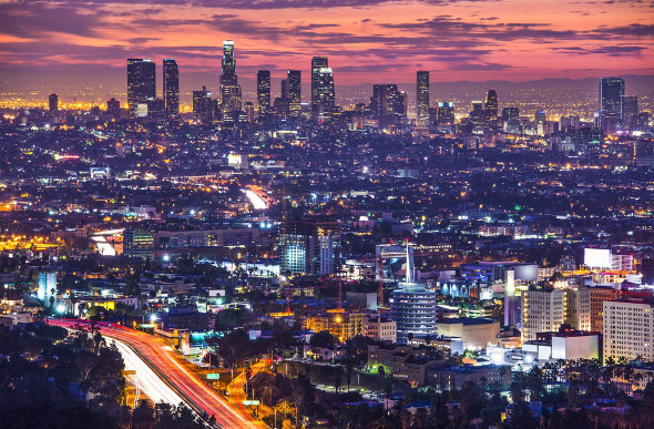 A view of the cityscape at dusk