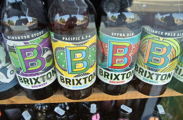 Brixton beer bottles in a shop window