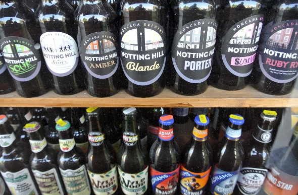 Craft beer bottles in a shop window