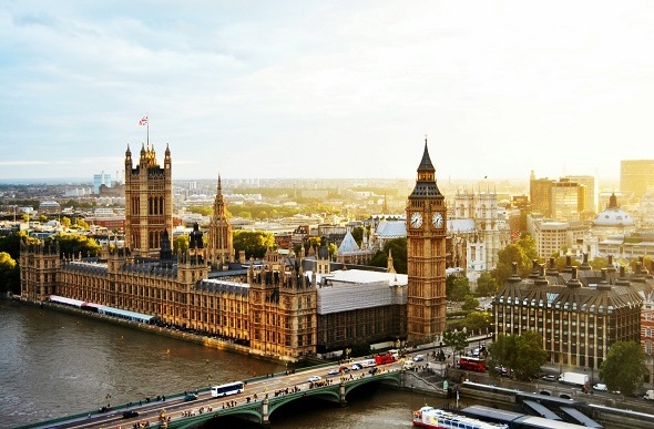 High angle view of London's Westminster Bridge by Big Ben against the sky.