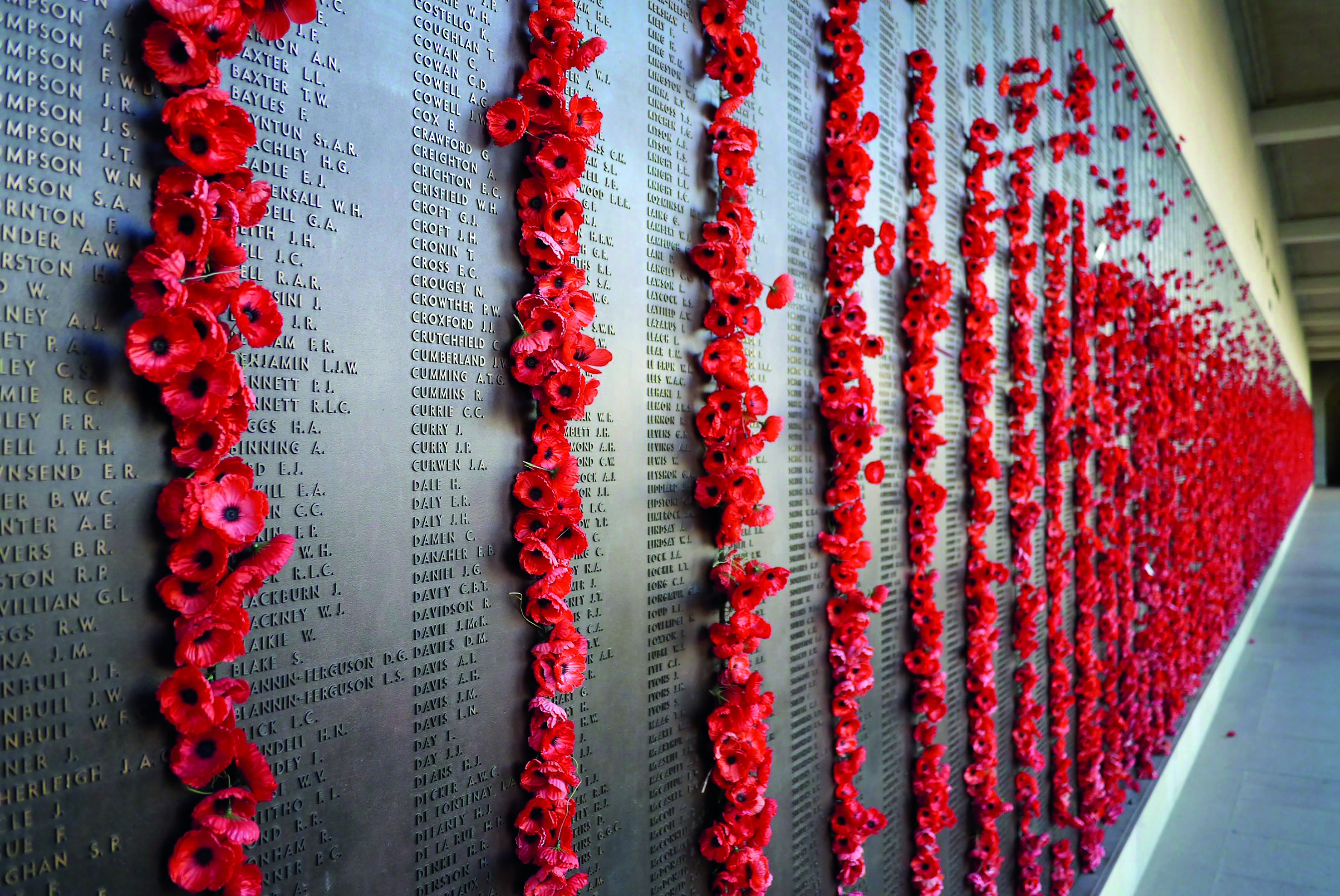 Poppies adorn the names of the fallen at the Australian War Memorial in Canberra.