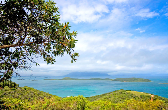 Ocean and islands stretching into the distance from the top of Mount Ouen Toro in New Caledonia.