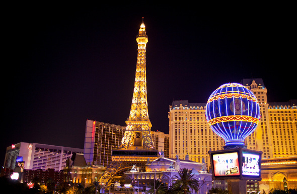 A night shot of the Eiffel Tower and Paris Hotel in Las Vegas