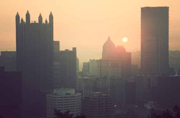 Sunrise over the Pittsburgh city skyline