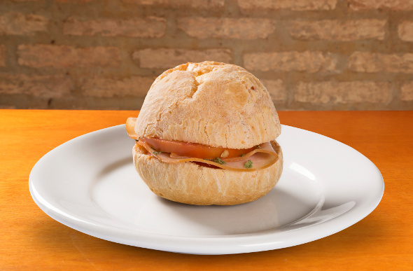 A sandwich made of pao de queijo cheese bread, a Brazilian favourite.