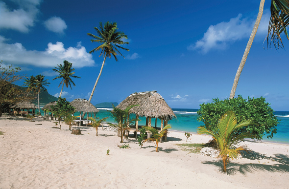 Traditional fale beach huts adorn the sand in Samoa.