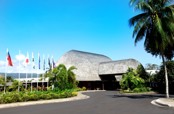 The thatched-roof exterior of the Tano Tusitala Hotel