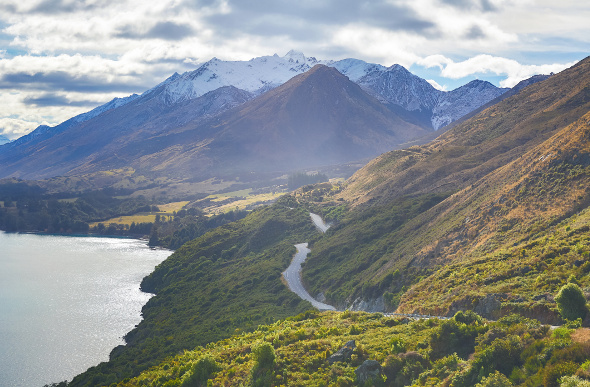 Mountains, lake and a road in New Zealand