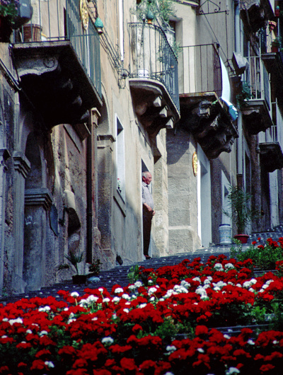 A flower-decorated street decorated in Caltagirone