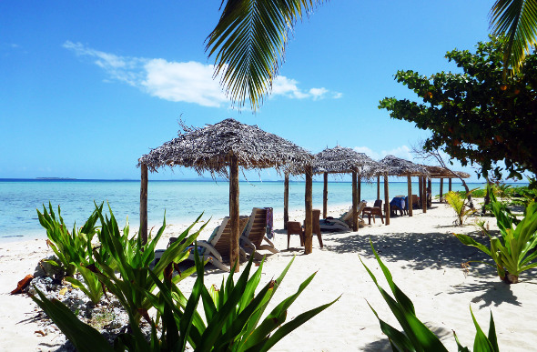 Beach huts on Tivua Island in Fiji.