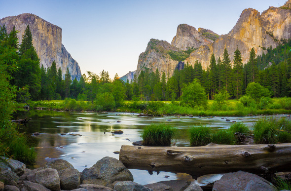 Mountains, lake and green trees in Yosemite National Park