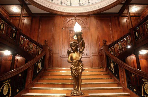 A recreation of the staircase from the Titanic at a Las Vegas exhibition.