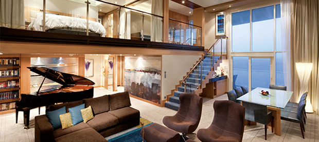 Luxurious cruise suite with piano and balcony