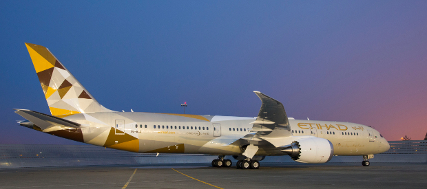 A view of the Etihad 787 Dreamliner on the runway at dusk