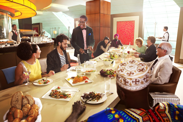 Passengers dining in the Emirates lounge
