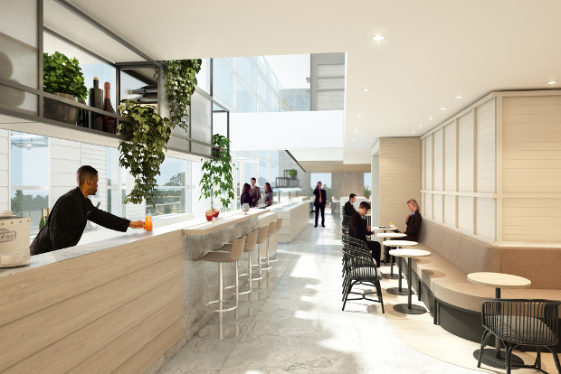 Artist render of the drinking and dining area of the new Qantas lounge