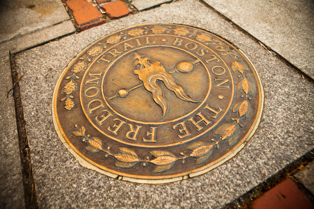 Overhead photograph of one of the Freedom Trail street markers