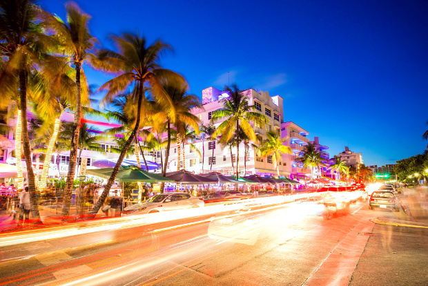 A night view of Ocean Drive