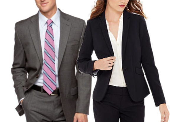 Male and female model wearing professional suits