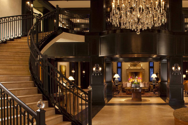 The grand staircase and lobby of the Waldorf Astoria in Utah's Park City.