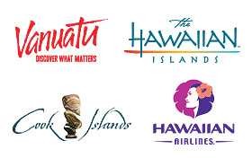 The tourism supplier logos for the Beach Holidays Campaign. These are Vanuatu Tourism, Hawaii Tourism, Cook Islands Tourism and Hawaiian Airlines.