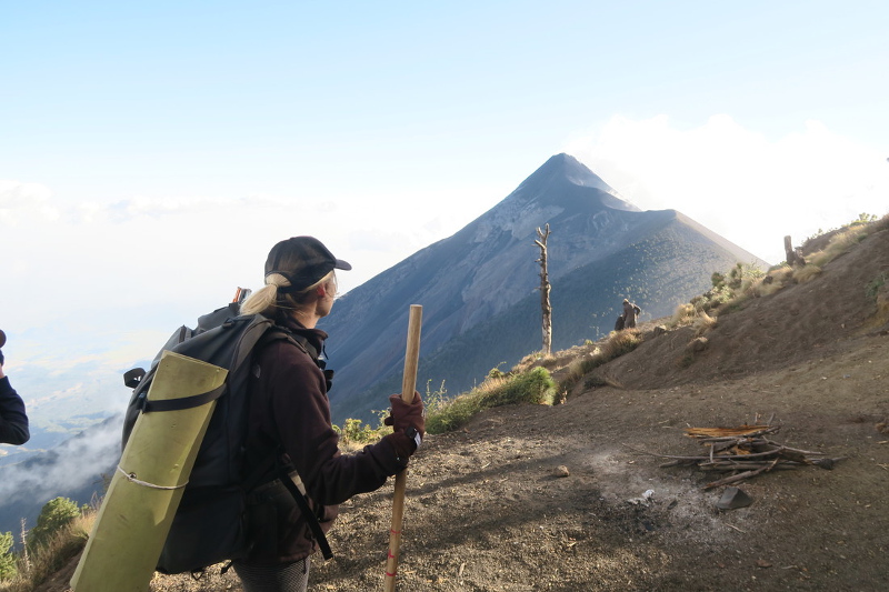 A woman climbs Acatenango volcano in Guatemala.