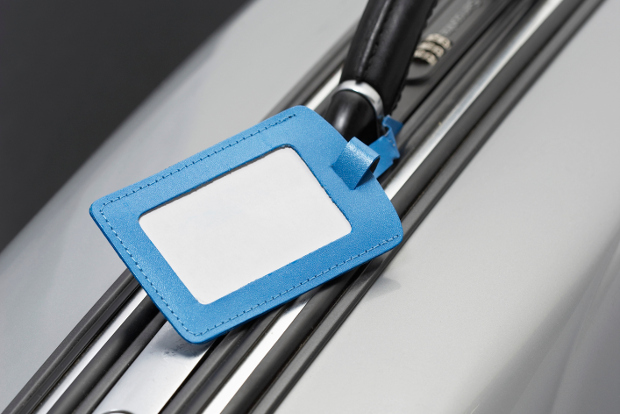 A luggage tag on a suitcase