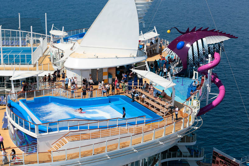 riding waves in wave pool ontop of cruise ship deck