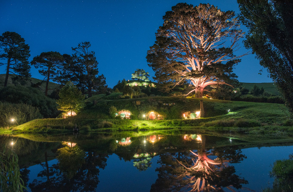 Hobbiton lit up at night