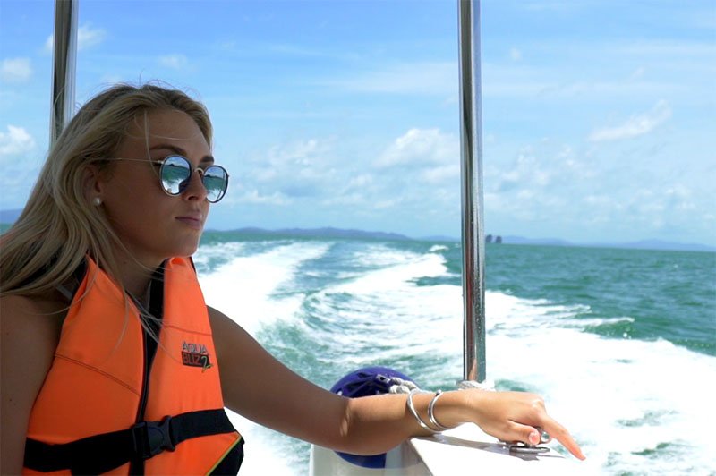 greer on the speedboat transfer to Santhiya Resort