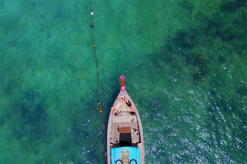longtail boat in Thailand from above