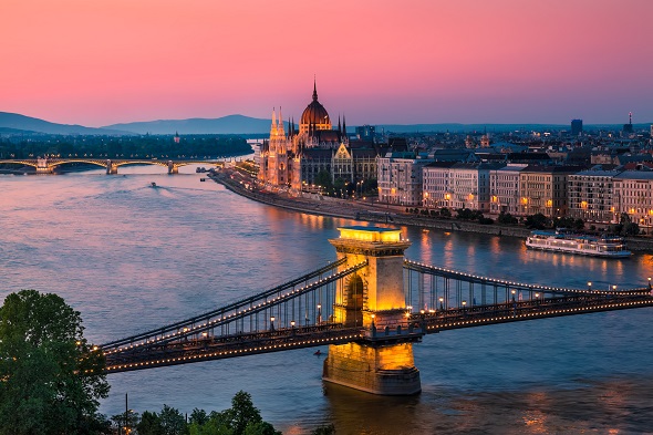 sunset over central european city