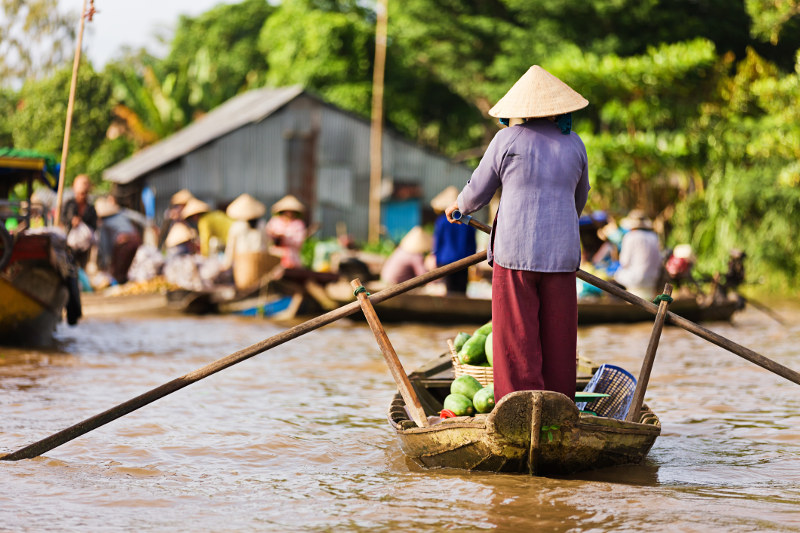 A Vietnamese woman rows a traditional boat down the Mekong River in Vietnam.