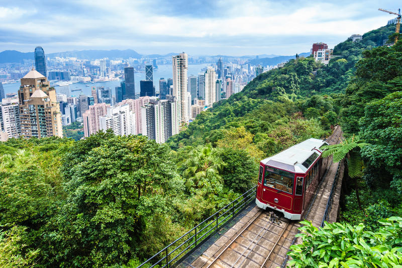 Hong Kong's peak tram with the city's skyscrapers rising behind.