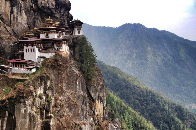 The Tiger's Nest monastery sits on a cliffside in Bhutan.