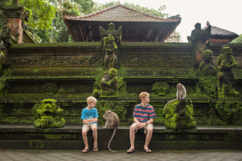 Two brothers sit with monkeys at a temple in Bali.