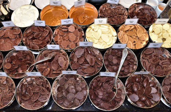 Chocolate lined up at a buffet in Bangkok, Thailand.