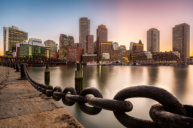 Boston skyline and Financial District as seen from Fan Pier Park