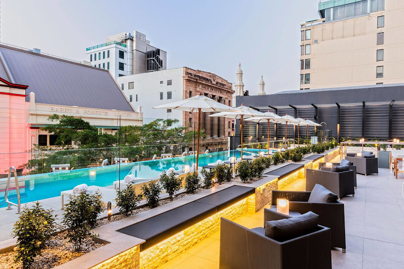 Next Hotel outdoor pool that looks out onto the Queen Street Mall in Brisbane