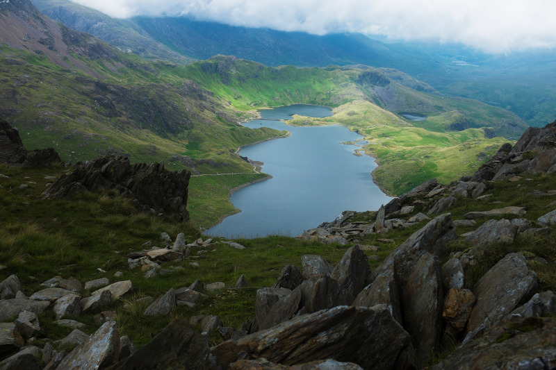 The magical Llyn Llydaw, viewed from Mount Snowdon in Wales. Image: Getty
