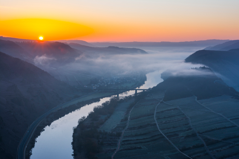 Sunset over the Moselle River in Germany.